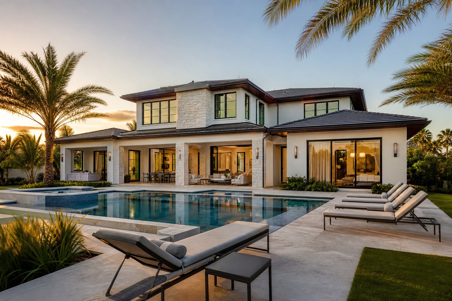 AI-generated concept image of a modern Florida coastal home exterior at golden hour